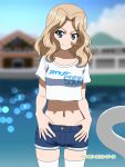  1girl artist_name blonde_hair blue_eyes blue_shorts blue_sky blurry blurry_background bokeh closed_mouth clothes_writing cloud cloudy_sky commentary cowboy_shot dated day denim denim_shorts depth_of_field girls_und_panzer hair_intakes highres kay_(girls_und_panzer) looking_at_viewer medium_hair midriff naotosi navel outdoors shirt short_shorts short_sleeves shorts sky smile solo standing t-shirt thighhighs thumbs_in_waistband translated white_shirt white_thighhighs 