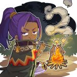  1boy campfire chain cooking dark-skinned_male dark_skin doctor_magus doctor_magus_5 eating fire fish night outdoors ponytail purple_eyes purple_hair sacanahen second-party_source sekaiju_no_meikyuu sekaiju_no_meikyuu_2 sekaiju_no_meikyuu_hd sitting smoke solo tattoo 