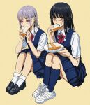  2girls black_hair blue_dress bread chainsaw_man dress eating fami_(chainsaw_man) food freckles knees_up loafers looking_at_viewer multiple_girls neck_ribbon new_balance pinafore_dress pleated_dress purple_hair red_ribbon ribbon ringed_eyes scar scar_on_face school_uniform shiren_(ourboy83) shirt shoes siblings simple_background sisters sitting sleeveless sleeveless_dress sneakers straight_hair white_shirt yellow_background yoru_(chainsaw_man) 