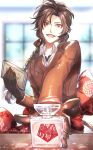  1boy :d black_gloves black_undershirt blurry blurry_background book bottle braid brown_hair brown_jacket bungou_to_alchemist clothes_around_waist collared_shirt gloves hair_between_eyes hair_over_shoulder holding holding_book holding_bottle jacket leather leather_jacket long_hair long_sleeves male_focus oda_sakunosuke_(bungou_to_alchemist) open_collar orange_eyes outstretched_arm parted_bangs perfume_bottle shirt single_braid smile solo table tuan_zi_(son5) upper_body white_shirt window 