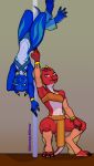  armwear blue_body bodypaint clothed clothing crouching dancing duo female female/female hi_res humanoid jewelry kobold legwear looking_at_viewer pole pole_between_legs pole_dancing purple_eyes red_body sidewaysmirror skimpy spread_legs spreading stripper stripper_pole upside_down 