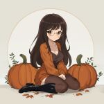  1girl black_footwear boots breasts brown_eyes brown_hair camisole chocomiru cleavage high_heel_boots high_heels leaf long_hair looking_at_viewer medium_breasts orange_camisole original pumpkin sitting smile solo thighhighs wariza 