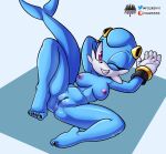 anthro anus blue_body breasts butt clothing feet female fours_(artist) genitals gloves handwear hi_res lying mammal marine on_back one_eye_closed pinniped purple_eyes pussy sammy_the_seal seal sega smile solo sonic_the_hedgehog_(series) wink 
