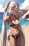  1girl arms_up bare_shoulders beach bikini black_bikini black_choker black_gloves blue_archive blue_sky breasts choker cleavage closed_mouth cloud collarbone cowboy_shot dark-skinned_female dark_skin day eyewear_on_head gloves grey_hair hair_over_one_eye halo halterneck highres iori_(blue_archive) iori_(swimsuit)_(blue_archive) long_hair looking_at_viewer medium_breasts multi-strapped_bikini munemori_(rknd2585) navel ocean outdoors revision side-tie_bikini_bottom sky solo standing stomach string_bikini sunglasses swimsuit thigh_strap thighs very_long_hair water wet 