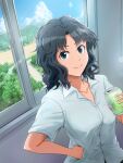  1girl amagami black_hair blue_eyes can closed_mouth collared_shirt curly_hair hand_on_own_hip holding holding_can horizon indoors light_smile looking_at_viewer mamiya_myanmar messy_hair open_collar shirt solo tanamachi_kaoru wavy_hair white_shirt window 