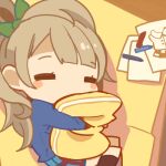  1girl blush_stickers bow brown_hair chibi closed_eyes feet_out_of_frame hair_bow hair_ornament long_hair love_live! love_live!_school_idol_project lowres lying minami_kotori mota on_side one_side_up school_uniform skirt sleeping solo 