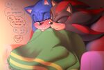  anthro black_body blue_body blush duo eulipotyphlan hedgehog hi_res krazyelf male male/male mammal multicolored_body red_body sega shadow_the_hedgehog smile sonic_the_hedgehog sonic_the_hedgehog_(series) tan_body two_tone_body under_covers 