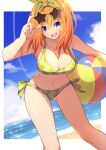  1girl :d absurdres adjusting_eyewear ass_visible_through_thighs ball bare_arms bare_shoulders beach beachball bikini blue_eyes blue_sky blush border breasts cleavage cloud clover_print collarbone commentary_request curvy day excited eyelashes eyes_visible_through_hair eyewear_on_head go-toubun_no_hanayome green_bikini green_ribbon groin hair_between_eyes hair_ribbon halterneck hand_up head_tilt highres holding holding_ball holding_beachball large_breasts leaning_forward light_particles looking_at_viewer medium_hair nakano_yotsuba navel ocean open_mouth orange_hair outdoors ribbon round_teeth sand side-tie_bikini_bottom sky smile solo standing star-shaped_eyewear stomach straight-on straight_hair summer sunglasses swimsuit tamago_sando teeth thighs upper_teeth_only v-shaped_eyebrows white_border 
