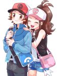  1boy 1girl :d bag baseball_cap belt_buckle black_vest blue_jacket blush brown_eyes brown_hair buckle closed_eyes closed_mouth commentary_request cowboy_shot denim denim_shorts exposed_pocket eyelashes grey_pants hat high_ponytail highres hilbert_(pokemon) hilda_(pokemon) holding_strap jacket long_hair long_sleeves messenger_bag mochi_(mocchi_p_2m) open_mouth pants poke_ball_print pokemon pokemon_(game) pokemon_bw red_headwear shirt short_hair short_shorts shorts shoulder_bag sidelocks sleeveless sleeveless_shirt smile teeth upper_teeth_only vest white_background white_shirt wristband zipper_pull_tab 