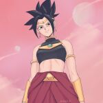  1girl armlet black_eyes black_hair black_shirt breasts broly_(dragon_ball_z) broly_(dragon_ball_z)_(cosplay) circlet cloud commentary cosplay crop_top dragon_ball dragon_ball_super dragon_ball_z earrings english_commentary from_below highres jenxd_d jewelry kefla_(dragon_ball) medium_breasts midriff moon neck_ring potara_earrings red_sky shirt signature sky sleeveless sleeveless_shirt smile solo upper_body vambraces 