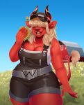  absurd_res anthro barn belt belt_buckle blonde_hair blue_sky bovid bovid_horn bovine burger clothing demon desdemona_(fortnite) ear_tag facial_piercing farm farm_girl female flower fluffy fluffy_ears fluffy_tail food glistening glistening_body grass hair hair_over_eyes hat headgear headwear hi_res horn long_hair mammal nose_piercing nose_ring overalls overweight piercing plant red_body red_skin ring_piercing secretcorgi sky solo tail thick_thighs 