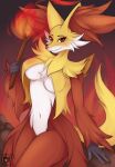  2023 absurd_res anthro breasts delphox eyebrows female fingers fire fluffy fur generation_6_pokemon hi_res looking_at_viewer multicolored_body multicolored_fur nintendo nude pokemon pokemon_(species) skyversa solo white_body white_breasts white_fur yellow_body yellow_ears yellow_fur 