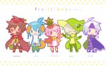  5boys blue_eyes blue_hair brown_hair chibi closed_eyes food fruit full_body green_headwear hair_over_one_eye hat heterochromia klug_(puyopuyo) lemres_(puyopuyo) mk_kiu multiple_boys ocean_prince one_eye_closed pink_hair puyopuyo red_eyes schezo_wegey sig_(puyopuyo) simple_background standing strange_klug white_background white_hair wizard_hat 