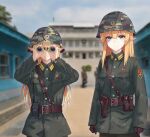  2girls belt binoculars blonde_hair blue_eyes checkpoint elf gloves high_collar highres holding holding_binoculars holster huihuang_rongyao military military_uniform multiple_girls north_korea original pointy_ears radio security_checkpoint uniform watermark 