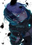  1boy aoyagi_touya aqua_eyes black_gloves blue_hair close_game/offline_(project_sekai) closed_mouth commentary_request dark_blue_hair eyes_visible_through_hair fingerless_gloves gloves glowing glowing_eyes gun highres holding holding_gun holding_weapon hood hood_down looking_at_viewer male_focus multicolored_hair official_alternate_costume project_sekai saeko_(saerakkuma) short_hair solo split_mouth twitter_username two-tone_hair weapon white_background 