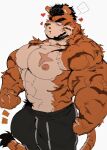  &lt;3 abs absurd_res akachionmain anthro big_biceps big_bulge big_muscles black_eyebrows black_hair black_stripes bodily_fluids bulge countershading ellipsis eyebrows felid feline fluffy fur hair hi_res huge_bulge huge_muscles looking_at_viewer male mammal muscular muscular_anthro muscular_male nipples orange_body orange_fur pantherine pecs scar simple_background solo speech_bubble stripes sweat sweatdrop sweatpants tail tan_body tan_countershading thick_eyebrows tiger white_background 