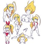  ahoge areola big_butt blonde_hair blue_eyes breasts butt cave_story curly_brace female genitals hair hi_res humanoid machine medium_breasts multiple_poses nipples pose pussy robot robot_humanoid signature simple_background solo text thick_thighs white_body zedrin 