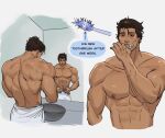  1boy abs bara black_hair brushing_teeth dark-skinned_male dark_skin english_text holding holding_toothbrush large_pectorals male_focus marvel miguel_o&#039;hara muscular muscular_male navel nipples pectorals phreakiez short_hair solo spider-man:_across_the_spider-verse spider-man_(series) toothbrush towel towel_around_waist 