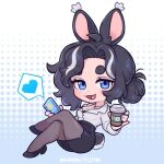  1girl animal_ears black_footwear black_hair black_skirt blue_eyes blue_nails breasts brown_pantyhose chibi cleavage coffee_cup collared_shirt cup disposable_cup heart high_heels holding holding_cup large_breasts looking_at_viewer multicolored_hair office_lady open_mouth original pantyhose pencil_skirt rabbit_ears rabbit_girl rabbit_tail sharktuna shirt short_hair skirt smile solo speech_bubble spoken_heart tail thick_eyebrows white_hair white_shirt 