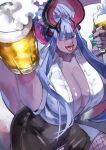 1girl absurdres alcohol beer beer_mug black_skirt blue_hair breasts center_opening choker cleavage collared_shirt colored_skin cup dress_shirt fate/grand_order fate_(series) fishnet_pantyhose fishnets grey_skin gumi_(the_eye_of_darkness) hair_between_eyes hair_bun hair_ornament hair_scrunchie highres horns huge_breasts ibuki_douji_(event_portrait)_(fate) ibuki_douji_(fate) long_hair long_sleeves looking_at_viewer makeup mug multicolored_hair office_lady one_eye_closed oni oni_horns open_mouth pantyhose pencil_skirt pink_hair red_eyes scrunchie shirt sidelocks single_hair_bun skirt smile solo tail white_shirt 
