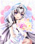  1girl :d black_hair bouquet bug butterfly commentary_request dress fire_emblem fire_emblem_engage flower gloves highres holding holding_bouquet kakiko210 long_hair looking_at_viewer multicolored_hair open_mouth pink_flower purple_eyes sleeveless sleeveless_dress smile solo streaked_hair very_long_hair veyle_(fire_emblem) white_dress white_gloves white_hair yellow_flower 