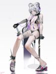  1girl absurdres animal_ears arknights bikini black_bikini black_gloves breasts full_body gloves grey_hair highres jewelry lin_(arknights) mackia medium_breasts mouse_ears mouse_girl navel purple_eyes ring short_hair simple_background sitting solo stool swimsuit sword weapon white_background 