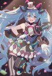 1girl :d absurdres aqua_eyes aqua_hair asymmetrical_legwear bow bowtie commentary_request confetti gloves hair_between_eyes hair_ornament hat hatsune_miku highres holding holding_wand long_hair looking_at_viewer magical_mirai_(vocaloid) magical_mirai_miku magical_mirai_miku_(2019) microphone_wand mini_hat mini_top_hat mismatched_legwear neck_ruff nyako_(lhq3p) open_mouth pink_bow pink_bowtie smile solo teeth thighhighs top_hat twintails upper_teeth_only very_long_hair vocaloid wand white_gloves 