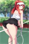  1girl ahoge artist_name asobi_night ass black_panties black_skirt blue_eyes breasts english_commentary go-toubun_no_hanayome large_breasts long_hair looking_at_viewer looking_back miniskirt nakano_itsuki outdoors panties ponytail racket red_hair skirt sunlight tank_top tennis_court tennis_net tennis_racket thighs underwear visor_cap white_tank_top 