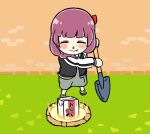  1girl alcohol_carton animal_crossing bocchi_the_rock! closed_eyes digging dress drunk green_dress hiroi_kikuri holding holding_shovel jacket letterman_jacket purple_hair sandals shovel simple_background torako_(toramaru) 