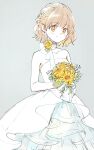  1girl arle_nadja blush brown_hair dress flower highres holding holding_flower lirio_(nikori9) looking_at_viewer madou_monogatari puyopuyo short_hair simple_background solo sunflower wedding wedding_dress white_dress yellow_eyes 