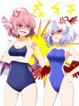  2girls ahoge anger_vein animal_ears artist_name bare_arms bare_legs bare_shoulders bird_ears bird_wings blue_hair blue_one-piece_swimsuit blush collarbone commission competition_swimsuit cowboy_shot grey_hair groin hair_between_eyes head_wings highres multicolored_hair multiple_girls mystia_lorelei one-piece_swimsuit open_mouth pink_eyes pink_hair red_wings rise_(rise19851203) school_swimsuit second-party_source shaded_face short_hair signature single_head_wing skeb_commission swimsuit tokiko_(touhou) touhou two-tone_hair white_wings wings 