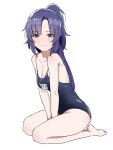  1girl arms_between_legs bare_legs blue_archive blue_one-piece_swimsuit blush breasts cleavage collarbone highres looking_at_viewer medium_breasts name_tag one-piece_swimsuit pdal_(pdalhhh) ponytail purple_eyes purple_hair school_swimsuit seiza simple_background sitting solo sweatdrop swimsuit white_background yuuka_(blue_archive) 