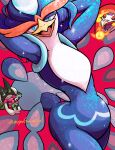  2023 ambiguous_gender anthro avian background_character beak blue_body blue_eyes blue_feathers chest_tuft cutaway feathered_crest feathers generation_9_pokemon glittering_hair group hands_behind_head head_crest hi_res holding_object looking_at_viewer markings meowscarada nintendo pokemon pokemon_(species) pose quaquaval raised_arms skeledirge small_waist smile smiling_at_viewer sparkles standing tail_feathers trio tuft veganswampert wide_hips yellow_beak 