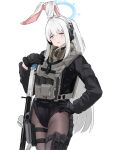  1girl animal_ears black_corset black_gloves black_jacket black_pantyhose blue_archive character_request corset fake_animal_ears gloves gun hand_on_own_hip highres jacket long_hair looking_at_viewer mutugorou_u pantyhose playboy_bunny purple_eyes rifle solo very_long_hair weapon white_background white_hair 