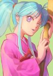  1girl blue_hair botan_(yu_yu_hakusho) japanese_clothes jj_(ssspulse) kimono long_hair looking_at_viewer open_mouth ponytail purple_eyes simple_background solo yu_yu_hakusho 