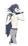  1boy brushing_hair danganronpa_(series) danganronpa_v3:_killing_harmony dressing hair_brush highres m0918664055 male_focus open_mouth ouma_kokichi pale_skin pants purple_eyes purple_hair short_hair smile solo teeth upper_teeth_only white_background 