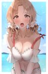  1girl :o absurdres arm_garter bikini blush breasts cleavage collarbone gawawawa hair_ornament hair_scrunchie highres ichikawa_hinana idolmaster idolmaster_shiny_colors large_breasts light_brown_hair looking_at_viewer navel outdoors parted_bangs scrunchie short_twintails solo swimsuit teeth twintails upper_teeth_only white_bikini 