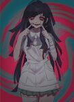  1girl :d apron bandaged_arm bandages breasts collared_shirt cowboy_shot danganronpa_(series) danganronpa_2:_goodbye_despair green_background hands_up highres joh_pierrot large_breasts long_hair lower_teeth_only miniskirt multicolored_background pink_eyes pink_shirt pleated_skirt red_background shirt short_sleeves skirt smile solo teeth tsumiki_mikan two-tone_shirt 