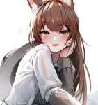  1girl :d animal_ears arknights brown_eyes brown_hair commentary_request fox_ears franka_(arknights) grey_shirt highres jacket krirk long_hair long_sleeves looking_at_viewer open_clothes open_jacket shirt smile solo upper_body very_long_hair white_background white_jacket 