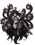  1girl absurdres artist_name black_hair blush breasts colored_sclera colored_skin commentary convenient_leg cyclops english_commentary extra_eyes feet full_body gazer_(monster_girl_encyclopedia) grey_skin hands_on_own_face heart heart_in_eye highres large_breasts long_hair looking_at_viewer monster_girl monster_girl_encyclopedia nude one-eyed painttool_sai_(medium) red_eyes sharp_teeth simple_background slime_(substance) smile solo symbol_in_eye tail tatsujinpaine teeth tentacles toes transparent_background yellow_sclera 