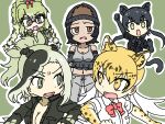  5girls :d animal_ears animal_print annoyed arm_up arms_under_breasts bare_shoulders beanie black_gloves black_hair black_leopard_(kemono_friends) black_shirt blonde_hair bow bowtie braid breasts brown_eyes brown_hair cheering chibi cleavage collarbone collared_jacket collared_shirt elbow_gloves extra_ears fang fingerless_gloves glasses gloves gorilla_(kemono_friends) green_background green_eyes green_gloves green_hair green_jacket grey_pants grey_tank_top hair_between_eyes hair_bow hair_through_headwear hand_up hat high_ponytail jacket kemono_friends kemono_friends_2 legs_apart leopard_(kemono_friends) leopard_ears leopard_girl leopard_print leopard_tail long_hair long_sleeves looking_at_another low_twintails medium_hair midriff multicolored_hair multiple_girls navel open_mouth outline outstretched_arm over-rim_eyewear pants partially_unzipped print_gloves raised_eyebrows red_bow red_bowtie rivalry saltwater_crocodile_(kemono_friends) semi-rimless_eyewear shirt simple_background slit_pupils smile spectacled_caiman_(kemono_friends) spiked_gloves spiked_jacket spiked_sleeves srd_(srdsrd01) standing stomach tail tan tank_top twin_braids twintails two-tone_hair v-shaped_eyebrows white_outline white_shirt wing_collar yellow_eyes zipper 