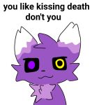  anthro boy_kisser_(meme) domestic_cat felid feline felis fur heterochromia looking_at_viewer male mammal meme mors multicolored_body multicolored_fur purple_body purple_fur silly_cat_(mauzymice) simple_background smile solo text white_background 