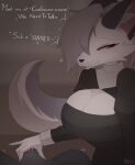  anthro big_breasts breasts bulge canid canid_demon canine canis clothed clothing demon duo female first_person_view fur hair hellhound helluva_boss hi_res homuro loona_(helluva_boss) male male_pov mammal red_sclera smile text white_body white_fur 