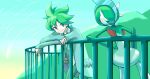  1boy against_fence bangs cardigan closed_mouth commentary day fence ffccll gallade green_hair green_pants grey_cardigan grey_eyes highres jewelry leaning_forward male_focus necklace outdoors pants pokemon pokemon_(creature) pokemon_(game) pokemon_oras shirt smile wally_(pokemon) white_shirt 