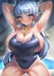  1girl armpits arms_behind_head arms_up blue_eyes blue_hair blue_one-piece_swimsuit blunt_bangs blush breasts cleavage genshin_impact hair_ornament highleg highleg_swimsuit highres huge_breasts jewelry kamisato_ayaka light_blue_hair long_hair looking_at_viewer neck_ring one-piece_swimsuit ponytail school_swimsuit sideboob sidelocks skindentation solo sugihara_(sugihara2000) swimsuit thighs 