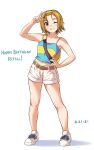  1girl ;d armpits bare_shoulders birthday blue_camisole bob_cut breasts brown_eyes brown_hair brown_shorts camisole casual character_name collarbone commentary crop_top dated english_commentary english_text full_body grin hair_slicked_back hairband hand_on_own_hip happy_birthday highres k-on! light_brown_hair midriff navel one_eye_closed salute shadow shoes short_hair short_shorts shorts simple_background single_horizontal_stripe small_breasts smile sneakers solace solo spread_legs standing tainaka_ritsu w white_background white_footwear white_shorts yellow_bag yellow_camisole yellow_hairband 