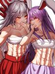  2girls abs bandages cigarette cigarette_kiss fujiwara_no_mokou highres long_hair looking_at_another multiple_girls muscular muscular_female pink_skirt purple_hair red_eyes red_skirt reisen_udongein_inaba sarashi skirt smoke strapless touhou tube_top very_long_hair waramori_fuzuka white_background white_hair white_tube_top 