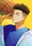  1boy ball basketball_(object) bishounen blue_jacket blue_shirt brown_eyes brown_hair character_name earrings holding holding_ball jacket jewelry looking_at_viewer male_focus miyagi_ryouta off_shoulder og_man open_clothes open_jacket shirt slam_dunk_(series) smile solo stud_earrings toned toned_male undercut wavy_hair yellow_background 