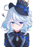  1girl absurdres ahoge aqua_hair ascot black_headwear blue_bow blue_eyes bow commentary_request drop-shaped_pupils frown furina_(genshin_impact) genshin_impact hair_between_eyes hat hat_bow highres long_hair long_sleeves looking_at_viewer looking_to_the_side low_twintails mismatched_pupils mochi_mochi052 multicolored_hair sidelocks simple_background solo squiggle streaked_hair top_hat twintails two-tone_hair upper_body wavy_hair white_background 