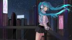  1girl balcony billboard black_skirt blue_eyes blue_hair blush cityscape commentary floating_hair hatsune_miku headphones jacket long_hair long_sleeves looking_at_viewer night open_mouth silhouette skirt solo star_(sky) twintails very_long_hair vickie_(cryingrobot) vocaloid vocaloid_boxart_pose 
